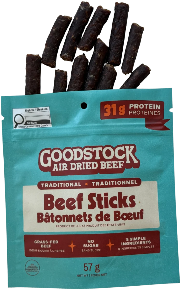 Goodstock Traditional Beef Sticks pouch, 57 g, open with beef sticks spilling out